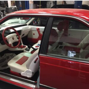 Custom red and white car interior upholstery upgrade by Car Stereo Tony